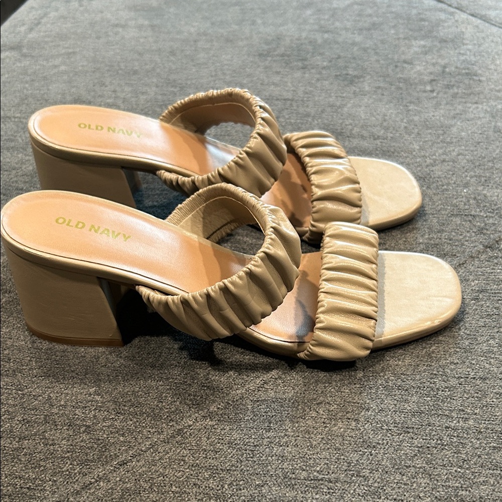 Old Navy Tan Ruched Double-Strap Block Heel Mules